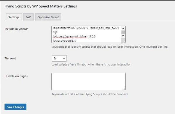 Flying Scripts by WP Speed Matters Settings設定